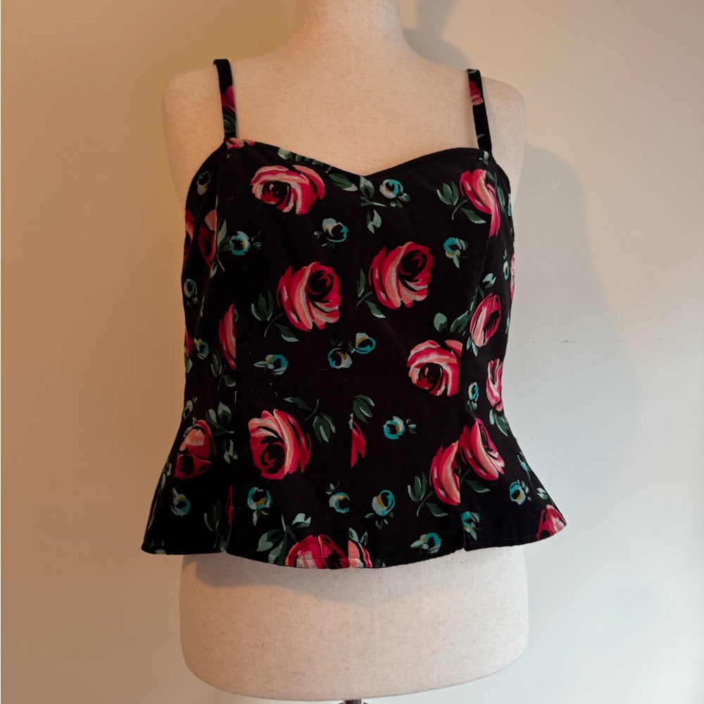 Vintage Esprit Black Velvet Floral Bustier Top – Size 7/8
